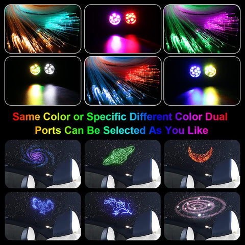 20W Dual Head Fiber Optic Lights Kit With RGBW Twinkle Heads, displaying star patterns inside a car headliner, various color options shown