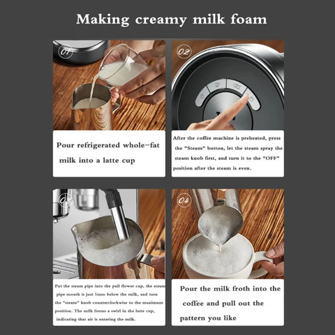 Steps showing how to make creamy milk foam using the Straight Up Premium 20 Bar Semi Automatic Espresso Machine.
