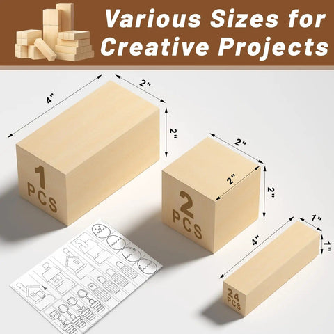 Basswood Carving Blocks Set for Beginners and Adults, 27 Piece Whittling Wood Kit With Mixed Sizes 1x1x4, 2x2x2, 2x2x4 Plus Pattern Sticker