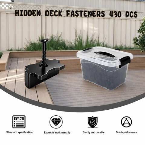 Heavy Duty Hidden Deck Fasteners With Rust Proof Star Hole Screws And Smooth Nylon Composite Decking Clips, 430 pcs in clear storage container.