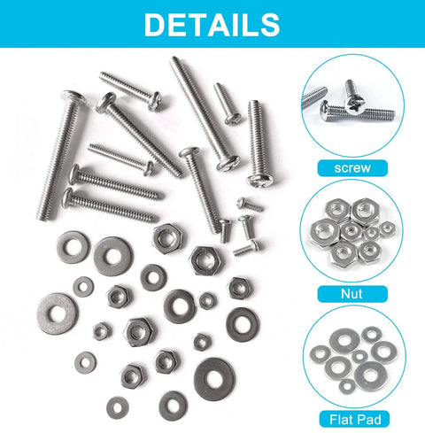 Top Notch 750 Piece Stainless Steel Fastener Set With Phillips Pan Head Screws Sizes 2-56 4-40 6-32 8-32, Plus Nuts And Flat Washers, 304 Stainless Steel Assortment Kit For Home Or Shop Projects.