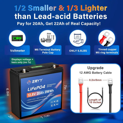 12V 20Ah LiFePO4 Battery With 30A BMS And LCD Voltmeter, compact design, comparison with lead-acid, features overview