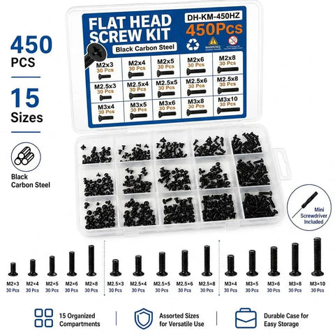Heavy Duty Laptop And PC Screw Kit With 450 Pieces In 15 Common Sizes Including M2 M2.5 And M3 Flat Heads organized in a clear case.