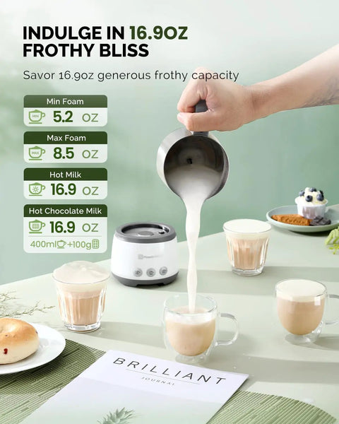 Person pouring milk into cups using the 4 In 1 Barista Quality Electric Milk Frother And Steamer With 16.9 Ounce Capacity 600W Power Smart Touch Control Hot And Cold Foam Maker Memory Function For Latte Cappuccinos Warm Milk And Hot Chocolate, with product and coffee cups visible.