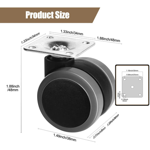 Easy Peasy Peel And Stick Caster Wheels For Trash Cans And Storage Bins With Smooth As Butter Rolling Action And Lightning Fast Setup No Messy Drilling Needed Lightweight One Point Five Inch Swivel Casters In A Solid Four Pack Size dimensions including 1.88 inch and 1.33 inch measurements.