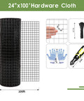 Heavy Duty 24 Inch By 100 Foot Black Hardware Cloth With One Inch Square Mesh roll next to measuring grid and gloves.