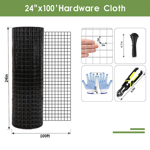 Heavy Duty 24 Inch By 100 Foot Black Hardware Cloth With One Inch Square Mesh roll next to measuring grid and gloves.