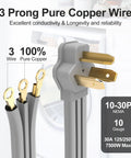 Heavy Duty 30 Amp 3 Prong Dryer Cord, 10 Foot Appliance Power Cable With Ring Terminal Connectors, 3 Wires Of Pure Copper For Secure NEMA 10 30P Outlet Fit And Older And Newer Dryers shown with plug and copper wires.