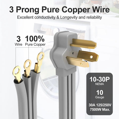 Heavy Duty 30 Amp 3 Prong Dryer Cord, 10 Foot Appliance Power Cable With Ring Terminal Connectors, 3 Wires Of Pure Copper For Secure NEMA 10 30P Outlet Fit And Older And Newer Dryers shown with plug and copper wires.
