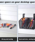 Comparison showing messy desk with scattered stationery and organized Must Have Wall Mounted Pencil Holder With Slatwall J Hooks