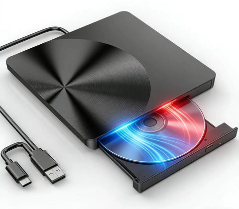 External CD DVD Drive With USB 3.0 And USB C Plug And Play No Drivers Needed CD Burner RW DVD Writer Portable Optical Drive For Laptop And Desktop PCs Works With Windows 11 10 8 7 MacBook Mac OS And Linux, black slim metal drive with tray open