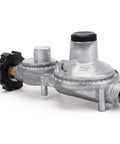Side view of a horizontal two-stage propane regulator with 3/8 in female NPT and POL ports.