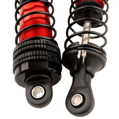 Close-up of red and black front and rear aluminum shocks absorber damper set for 1 by 16 scale RC cars universal fit upgrade replacement
