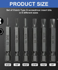 Top Shelf Heavy Duty Six Piece Type G Clutch Bits Set Featuring 1/4 Inch Hex Shank S2 Steel Magnetic Driver Bits showing sizes 3/32 to 1/4 inch.