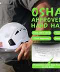 Person holding OSHA Approved Vented White Hard Hat With Visor For Men And Women, ANSI Z89.1 Type I Safety Helmet with label details.