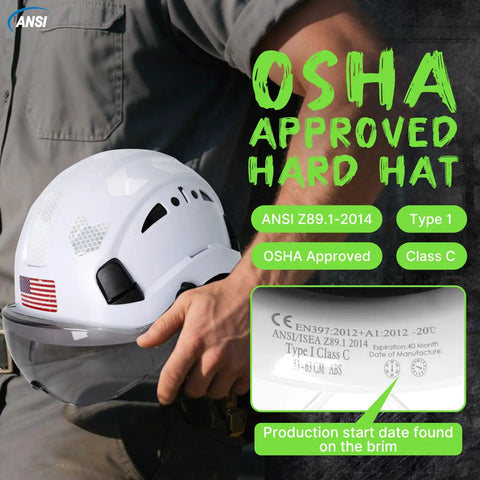 Person holding OSHA Approved Vented White Hard Hat With Visor For Men And Women, ANSI Z89.1 Type I Safety Helmet with label details.