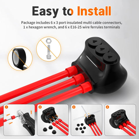 Beefy 3 Port Insulated Multi Tap Connector Aluminum To Copper Wire Connector 4 To 14 AWG Single Side Entry Black Electrical Cable Connectors With Slotted Allen Hex Pack Of 6 installed on red wires