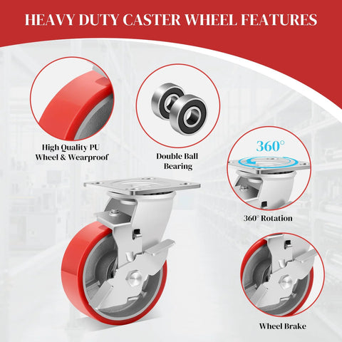 Heavy Duty 6 Inch Plate Caster Wheels 2400 Lbs Total Load Silent Polyurethane On Steel Hub for Tool Carts and Workbenches