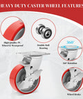 Image showing features of 5 Inch Industrial Casters With Low Noise Polyurethane Wheels On Steel Hubs Swivel Plate Caster Wheels Heavy Duty.
