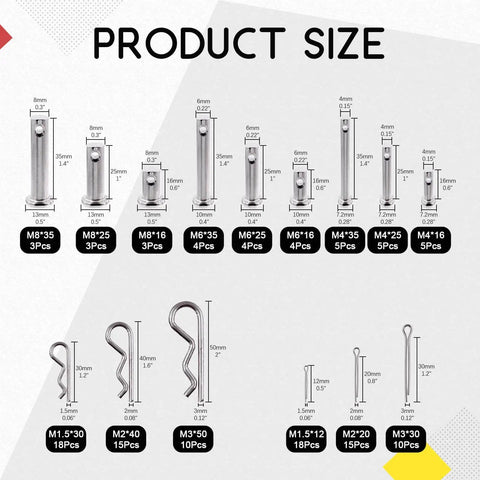 Stainless Steel Clevis Pin And Clips Kit 122 Piece Assortment with various sizes M4 M6 M8 and cotter pins displayed on packaging.