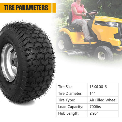Heavy Duty Replacement 15x6.00-6 Lawn Mower Tires 2 Pack with Rubber Wheel and Bearing Bore 3/4 Inch on riding mower