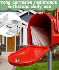 Open red mailbox showing mail, with inset of Spring Loaded Roller Latch Replacement Kit For Cabinets And Mailbox Doors With Screws