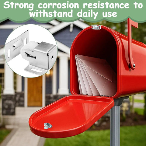 Open red mailbox showing mail, with inset of Spring Loaded Roller Latch Replacement Kit For Cabinets And Mailbox Doors With Screws