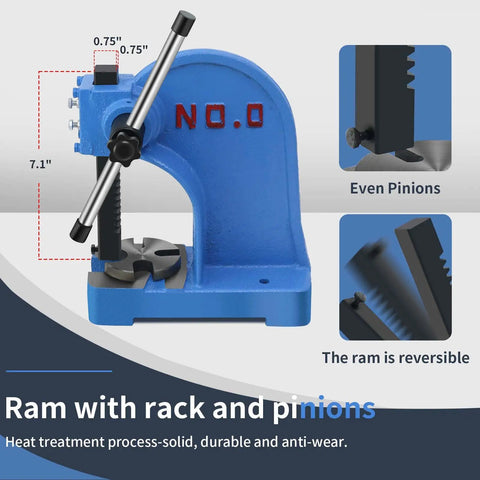 Heavy Duty 0.5 Ton Cast Iron Desktop Arbor Press For Riveting And Hole Punching in blue with rack and pinion detail