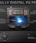 Auto Darkening Welding Helmet With Intelligent Light Pro Grade Full Digital Filter settings displayed