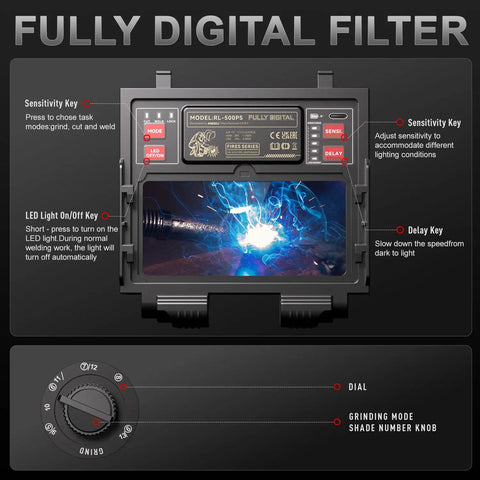 Auto Darkening Welding Helmet With Intelligent Light Pro Grade Full Digital Filter settings displayed