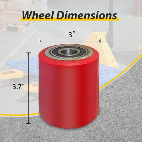 Heavy Duty Red Polyurethane Pallet Jack Wheel Set, 3 Inch Wheel Diameter With 3.7 Inch Hub, 95A Durometer, Sealed Bearings 0.78 Inch ID