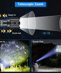 Demonstration of telescopic zoom on Ultra Bright Rechargeable Flashlight With 1.42 Million Lumens Six Modes IP67 Waterproof Tactical Emergency Light