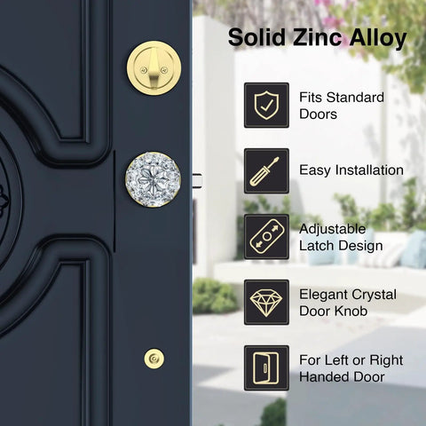 Vintage Gold Front Door Lock Set With Crystal Glass Knob Sleek Dope Reversible Handle And Deadbolt Brushed Gold Exterior Entry