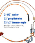 Front view of pilot assembly for natural gas water heater with ignitor, gas pilot tube, and thermocouple; copper lines and mounting bracket