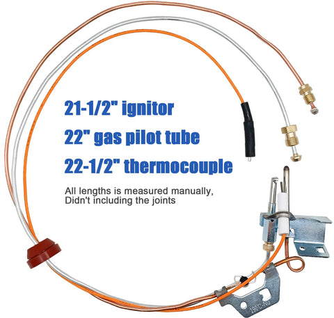 Front view of pilot assembly for natural gas water heater with ignitor, gas pilot tube, and thermocouple; copper lines and mounting bracket