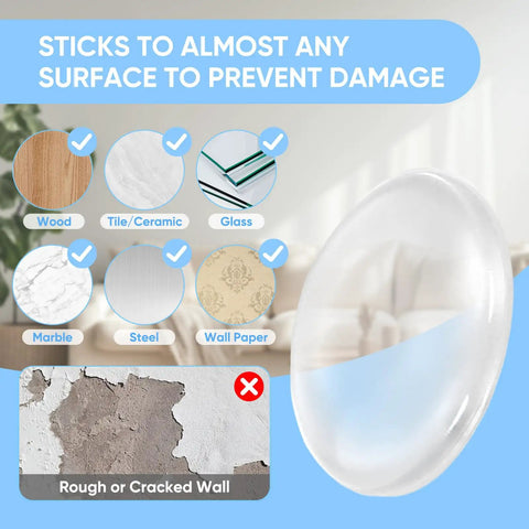 Clear Silicone Door Stoppers And Wall Savers Self Stick Bumpers show surfaces for use, included materials like wood, tile, and glass.