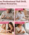 Portable Cordless Electric Nail File With Bright LED Glow, 10 Adjustable Speeds Rechargeable Manicure Drill used in family, salon, DIY nail party, and travel.