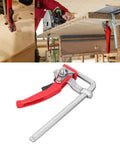 Heavy Duty Ratcheting Table Clamp Hardcore Rail Fixture For Woodworking, showing jaw and handle in use during cutting.