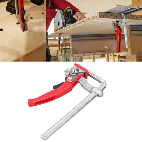 Heavy Duty Ratcheting Table Clamp Hardcore Rail Fixture For Woodworking, showing jaw and handle in use during cutting.