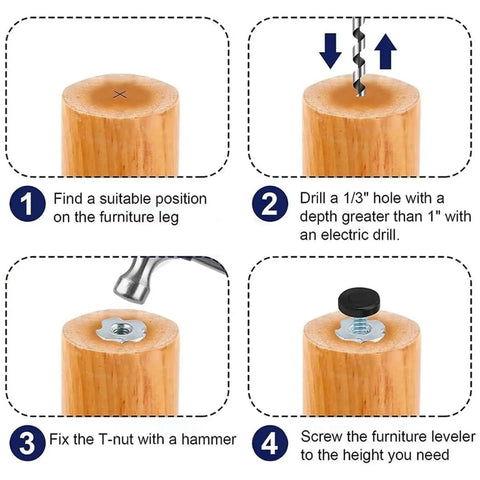 Steps to install 32 Piece M6 Thread Adjustable Furniture Levelers Screw In Chair Feet For Tables Chairs and Cabinets