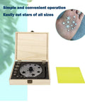 Disc Cutter Set With 10 Star Punches For DIY Jewelry Making And Metal Stamping Blanks in wooden box with star samples.
