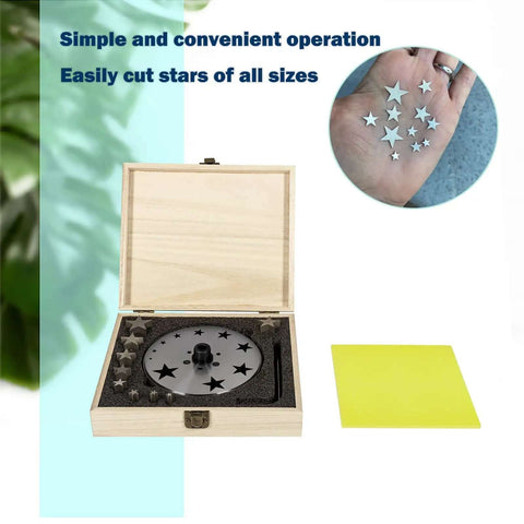 Disc Cutter Set With 10 Star Punches For DIY Jewelry Making And Metal Stamping Blanks in wooden box with star samples.