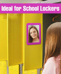Magnetic Real Glass Mirror 5x7 Inch White Framed Locker Accessory attached to yellow school locker