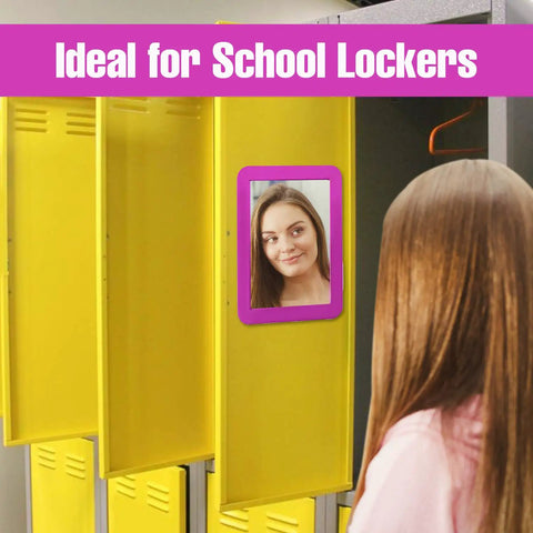 Magnetic Real Glass Mirror 5x7 Inch White Framed Locker Accessory attached to yellow school locker