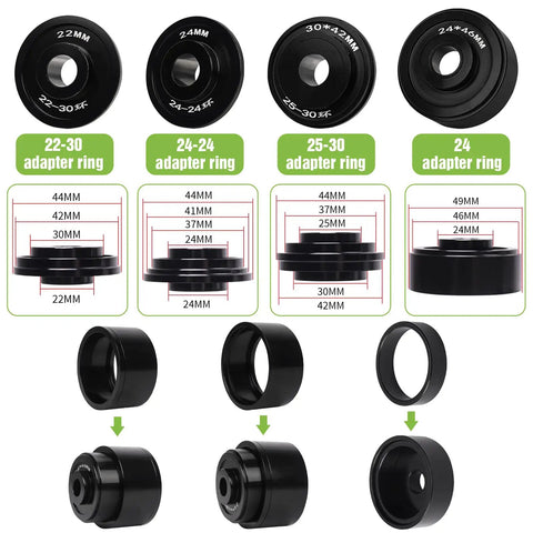 Pro Grade Bicycle Bottom Bracket Install And Removal Tool Kit adapter rings with size details for BB installation.