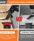 Image comparing Japanese Teeth Multitool Blades 10 Pack Extra Long Zero Cut Saw Kit with ordinary teeth, showcasing cutting efficiency.