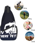Cross Sling Backpack Chest Bag For Men And Women Trail Ready Everyday Carry For Hiking Travel Durable High Density Material Wrinkle Resistant, Spacious Main Compartment Fits Tablet Charger And Power Bank, Size 7 By 6.7 By 12.6 Inches displayed with activity icons.