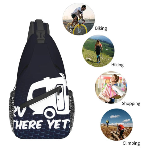 Cross Sling Backpack Chest Bag For Men And Women Trail Ready Everyday Carry For Hiking Travel Durable High Density Material Wrinkle Resistant, Spacious Main Compartment Fits Tablet Charger And Power Bank, Size 7 By 6.7 By 12.6 Inches displayed with activity icons.