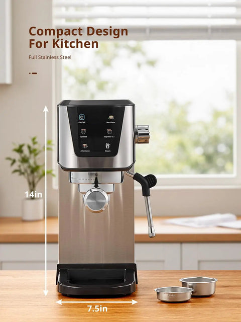 Top Shelf Automatic Espresso Coffee Maker With 20 Bar Pressure And Glowing Touchscreen Panel Offering Zero Fuss One Button Operation For Crisp Americanos Silky Milk Froth And Quick Steam Power For Your Daily Grind Now, stainless steel, compact design, 14in height