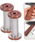 Top Shelf Stainless Steel Knife Handle Screws For Quick Blade Fabrication Featuring Straight Slot Notch Built Tough For Solid Fit On Chef Utility And Parer Knives Real Deal Supply. Close-up of two stainless screws with hex nut tops.